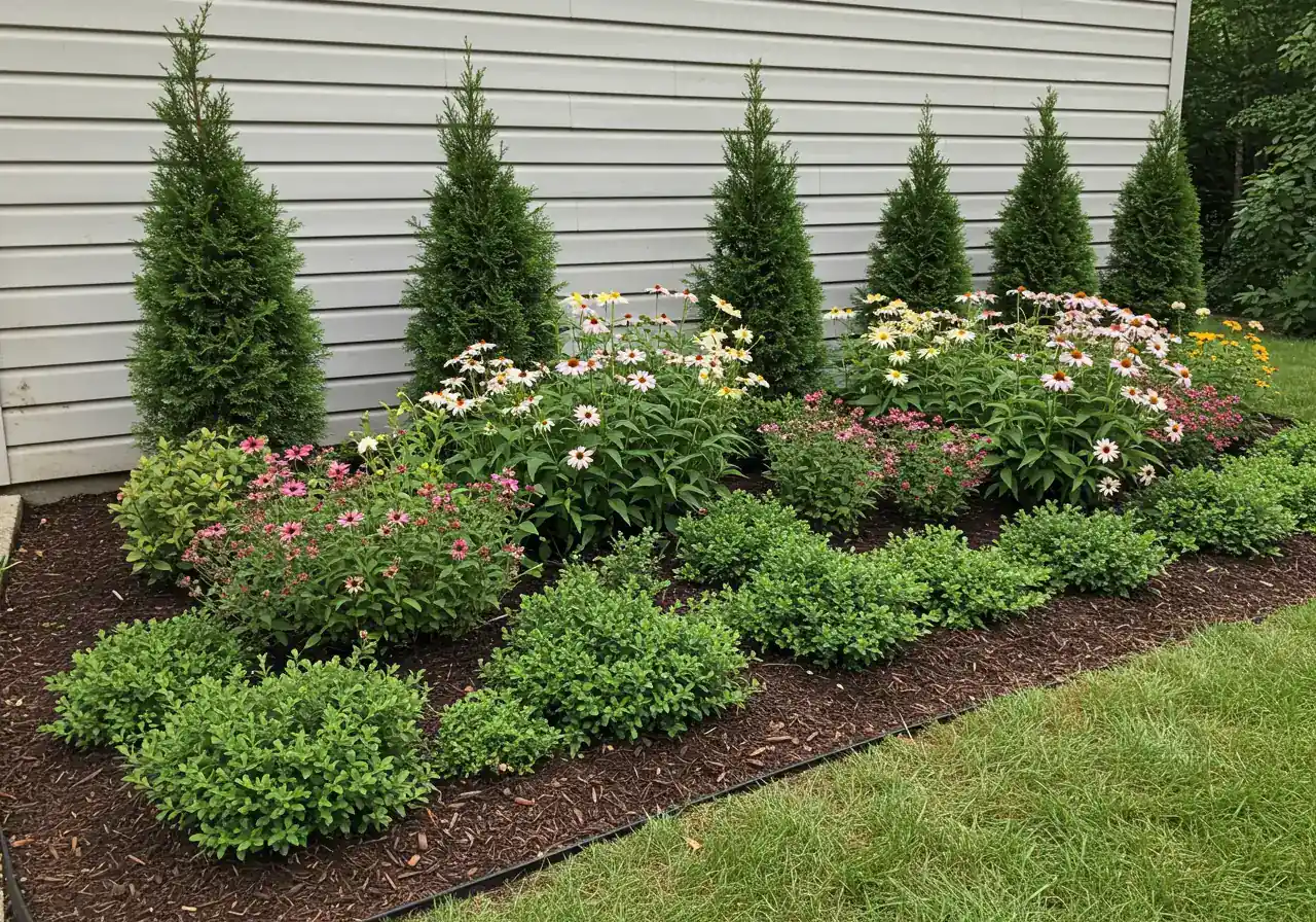 A view of a well-executed layered foundation planting bed against a house wall. Show taller shrubs near the wall (but not touching), mid-height perennials in front, and low groundcover at the edge, all neatly mulched. This illustrates the layering technique.
