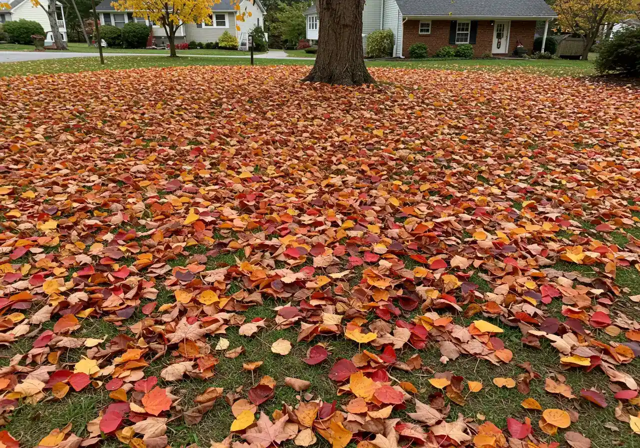 An image depicting the problem of excessive leaf cover: a thick, dense blanket of fallen autumn leaves completely covering a section of lawn, visually representing the smothering effect discussed.