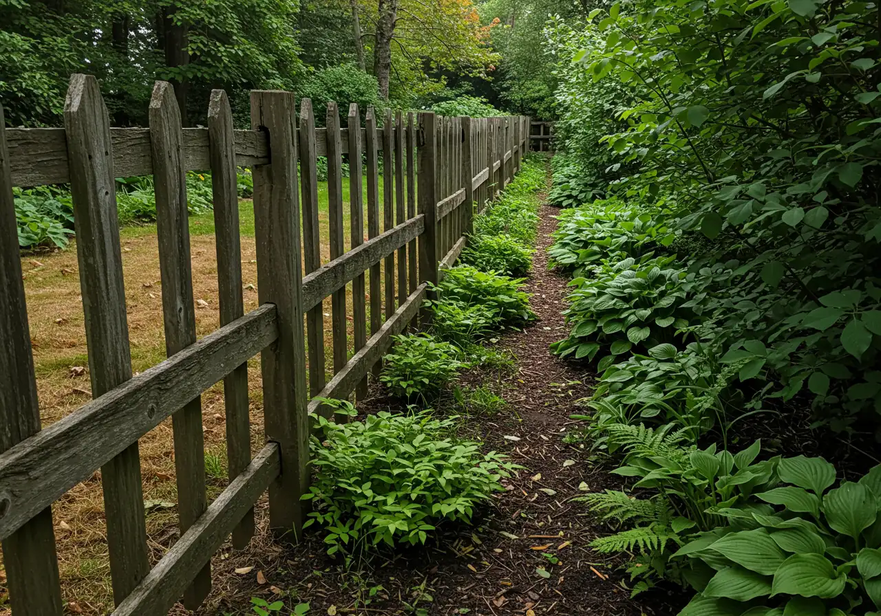 An image demonstrating how a structure creates a microclimate. Show a wooden fence dividing a garden space; on the windward/exposed side, plants might appear slightly windswept or the ground drier, while on the leeward/sheltered side, delicate plants like ferns or hostas thrive, looking lush and protected.