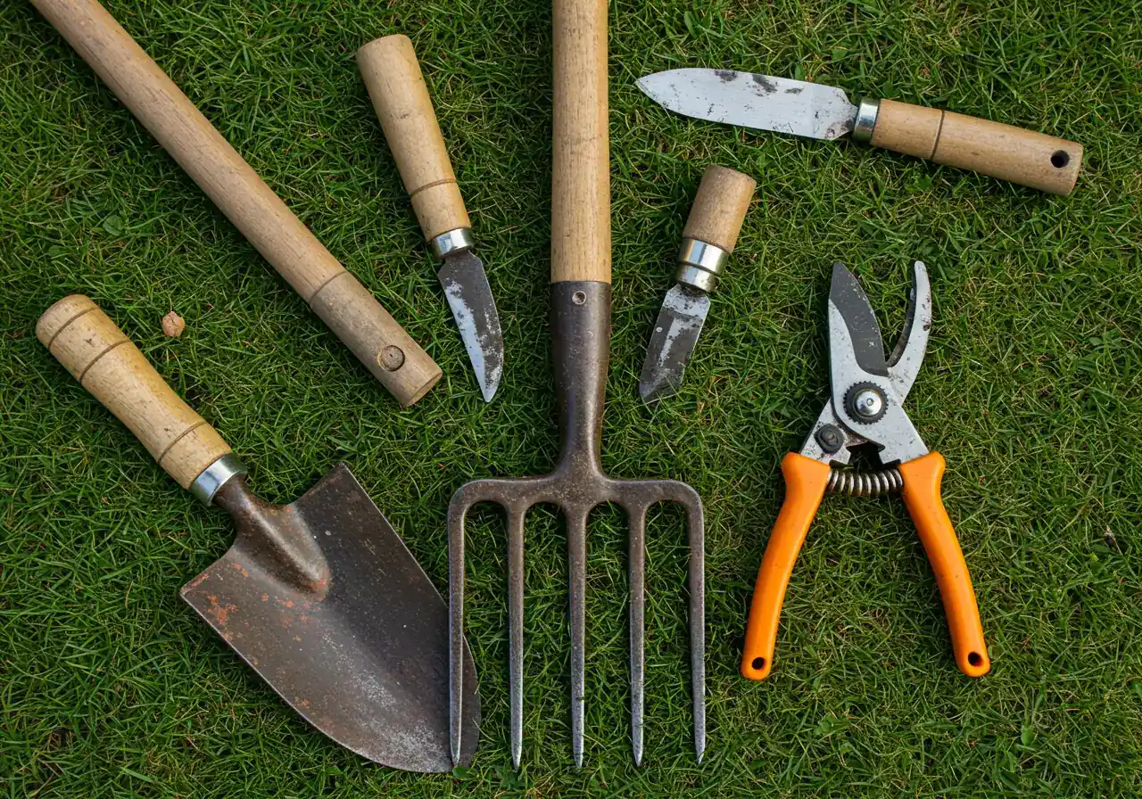 A flat lay or neatly arranged collection of essential gardening tools for dividing perennials, placed on a patch of lawn or dark soil. Include a sturdy garden fork, a sharp spade, pruning shears, and a garden knife. Tools should look clean but used, emphasizing readiness for work.