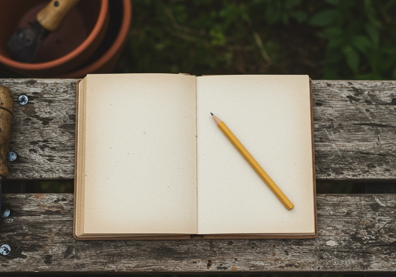 An overhead, flat-lay style image showing an open, slightly weathered, blank-paged notebook resting on a rustic wooden garden table or potting bench. Next to the notebook, place a clean hand trowel and a small, empty terracotta pot to suggest gardening activity without showing hands or writing.