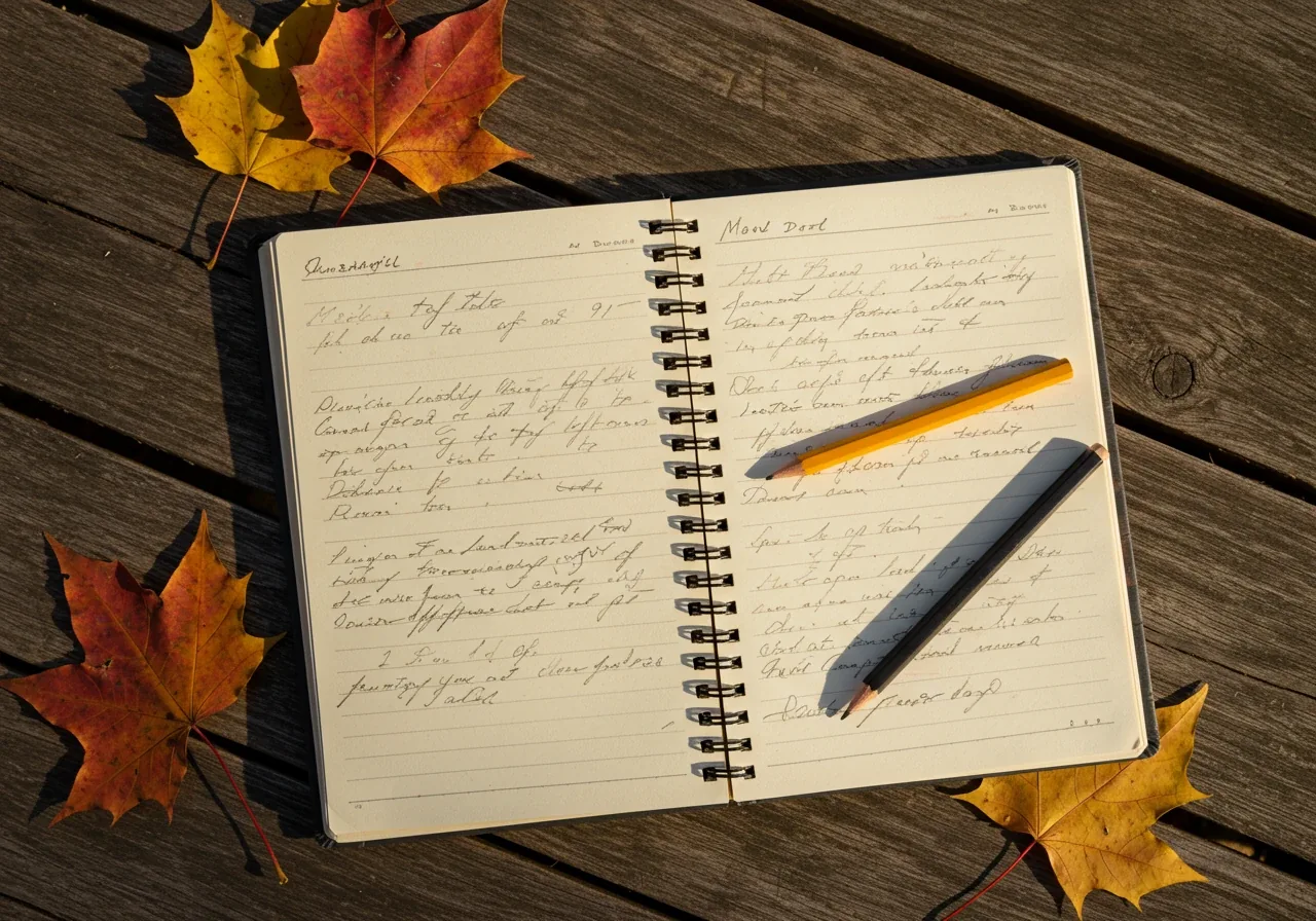 A visually appealing flat-lay composition illustrating the simple notebook method. Show an open, slightly weathered spiral notebook with simple, indistinct handwritten notes (no readable text) and a pencil resting on a rustic wooden garden table or bench surface. A few colourful fallen autumn leaves scattered nearby add context.