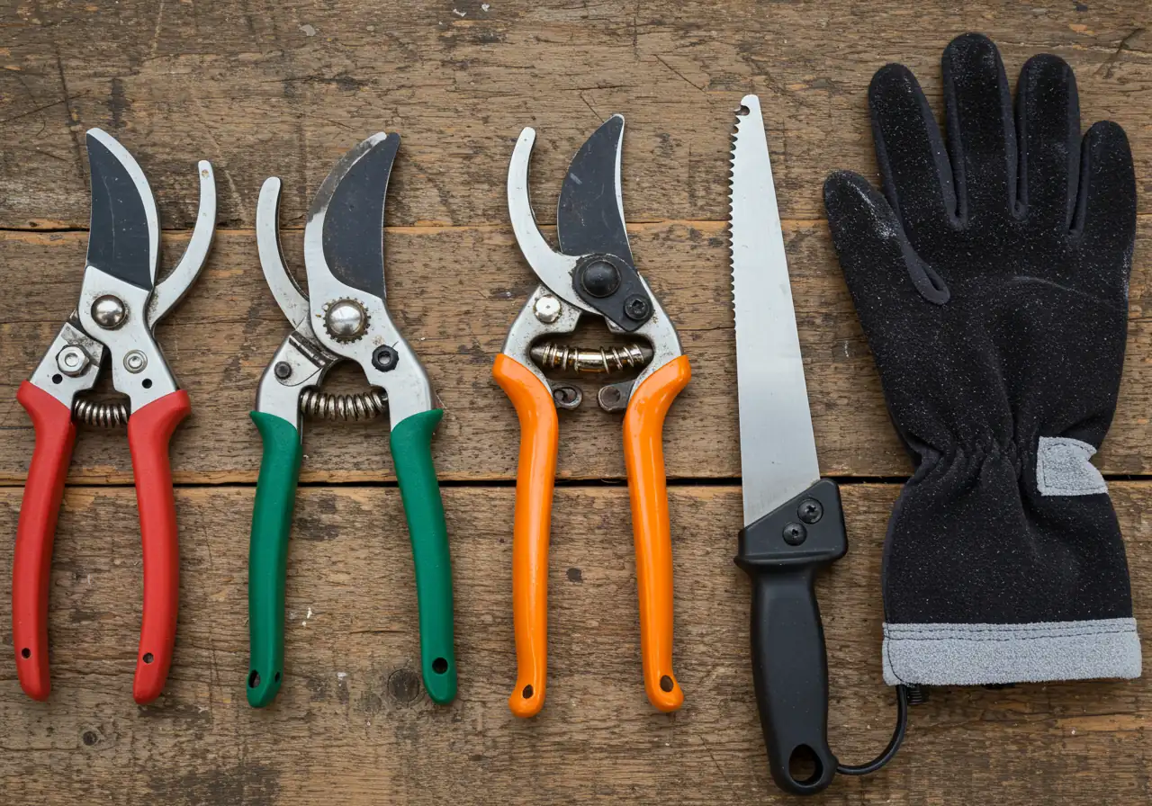 A clean, professional flat lay arrangement of essential, well-maintained winter pruning tools. Includes sharp bypass pruners, long-handled loppers, and a small pruning saw resting neatly on a neutral, textured surface like weathered wood or burlap. A pair of sturdy, insulated gardening gloves is placed alongside.