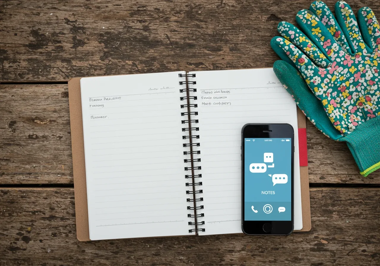 A flat lay composition showcasing simple garden record-keeping tools on a rustic wooden surface. Includes a sturdy, slightly weathered spiral notebook (open to blank lined pages), a generic smartphone displaying a basic notes app icon or blank interface (no text readable), and perhaps clean gardening gloves or a small trowel nearby. Illustrates the different methods suggested in Step 1.