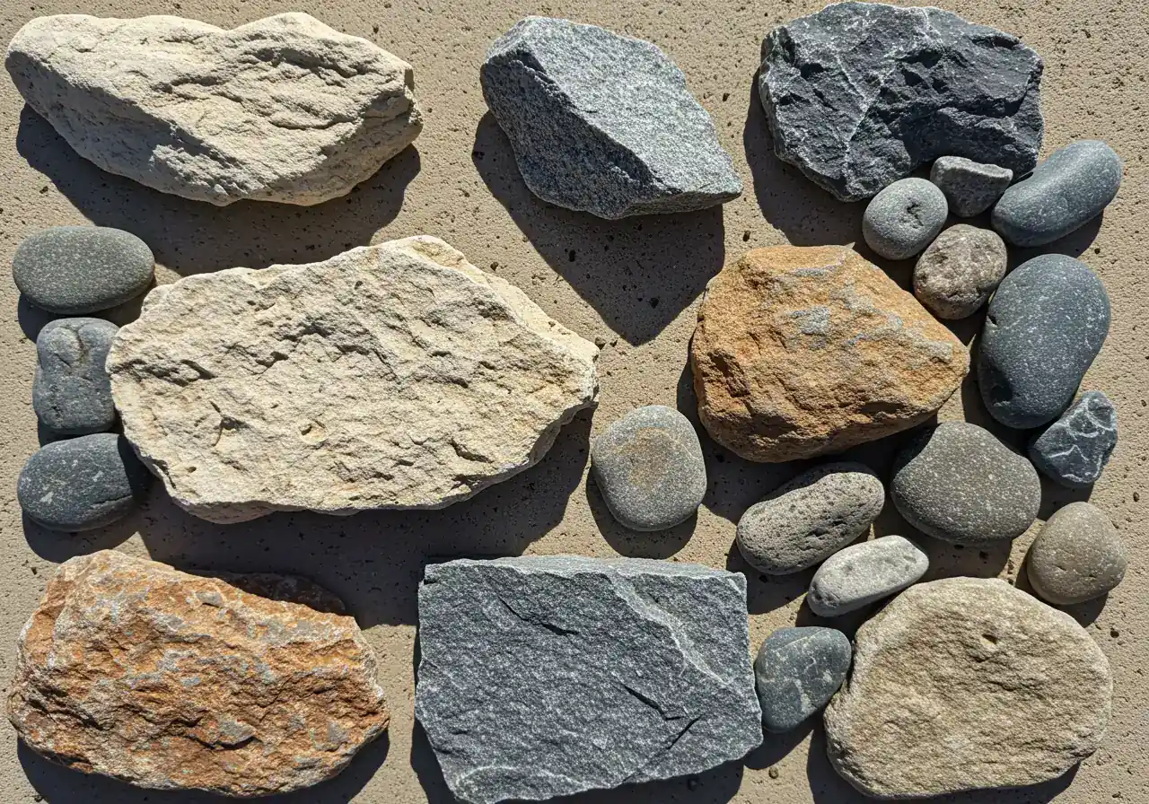 An overhead, detailed photograph showcasing a collection of different types of landscaping rocks suitable for rock gardens, laid out on a neutral background. Include examples resembling Limestone (grey, angular), Granite (speckled, blocky), Fieldstone (rounded, varied colors), and River Rock (smooth, rounded). Focus on the texture, color, and shape differences.