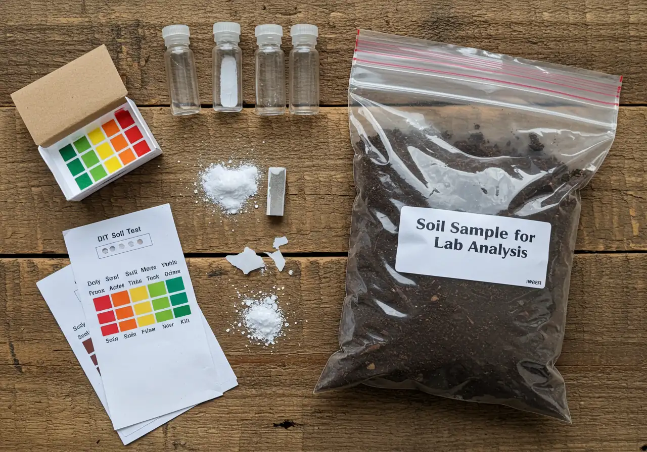 A visual comparison laid out on a clean, rustic wooden surface. On one side, elements of a typical colorimetric DIY soil test kit are visible: small plastic vials, color charts, and activating powder packets. On the other side, a clear plastic bag filled with a composite soil sample, neatly labeled with a fictional sample ID, ready for lab submission. The focus is sharp on the items, representing the two testing choices.