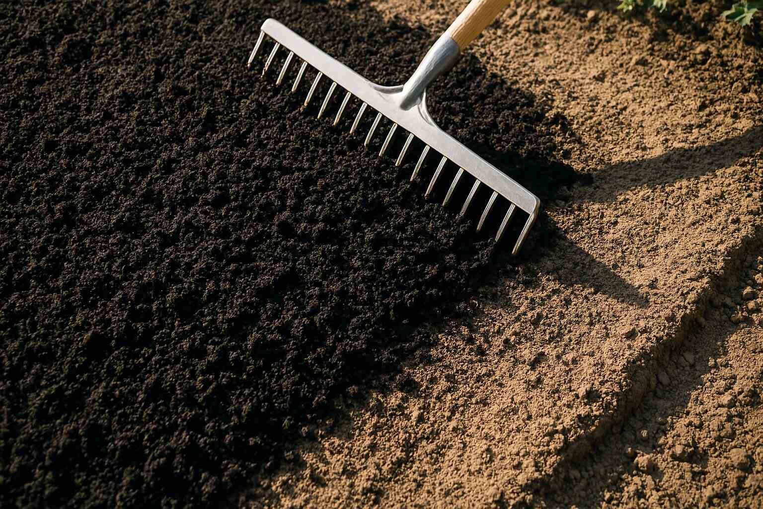 Worker spreading dark compost onto a garden bed