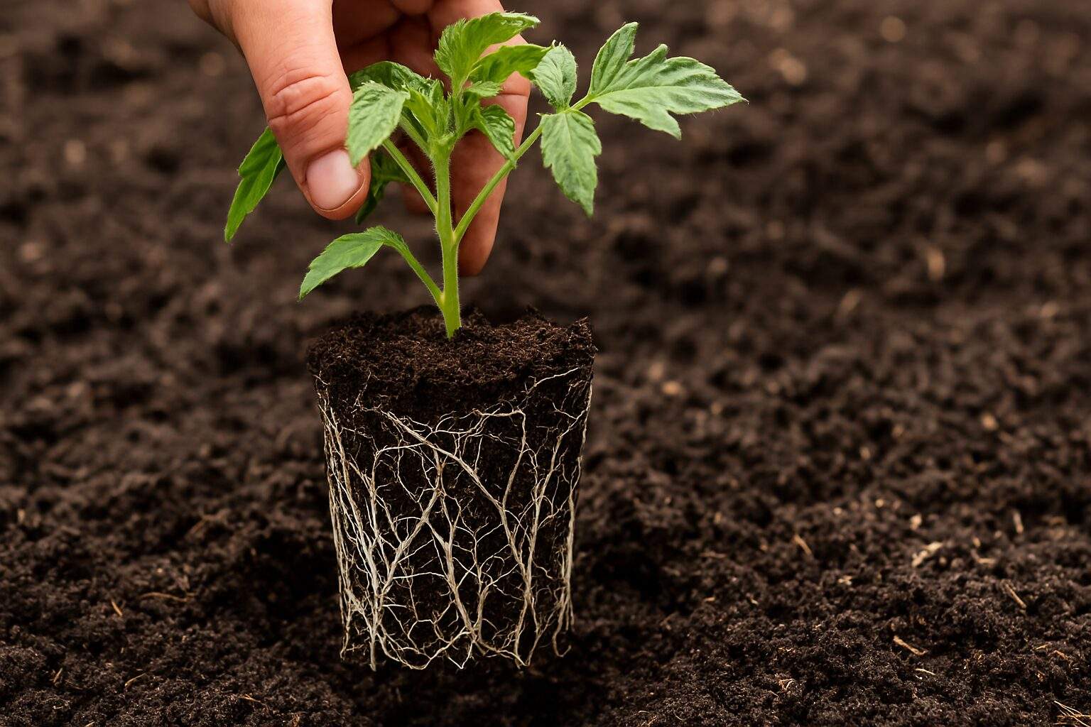 Plant seedling lifted showing healthy white root system in dark soil