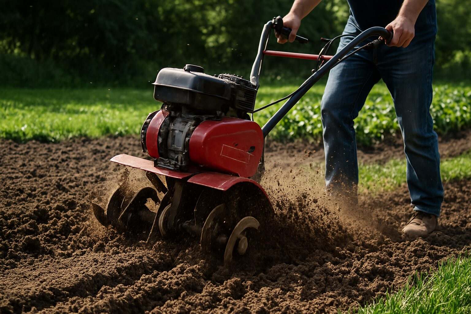 Rototiller actively turning over soil in a garden bed