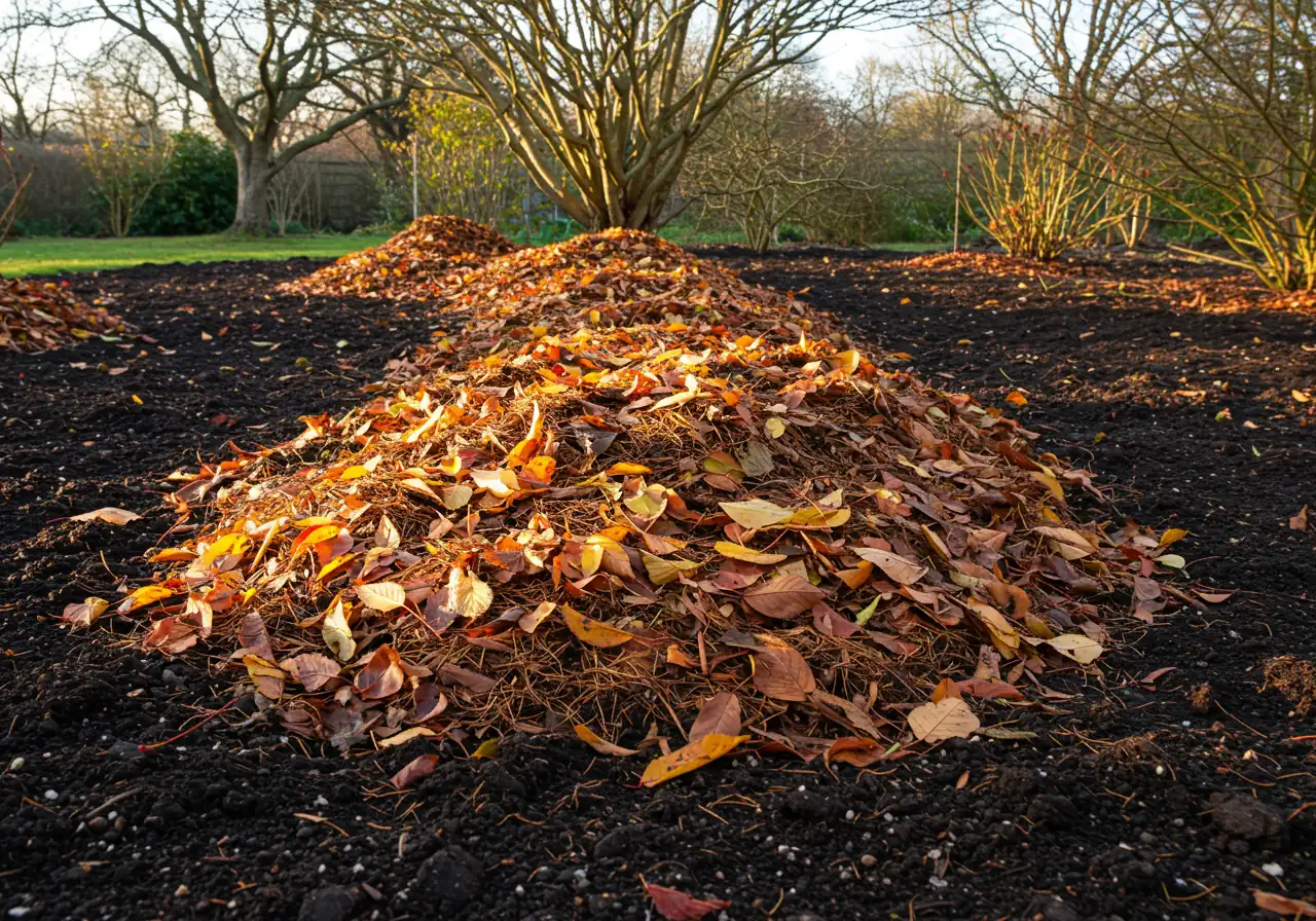A visually appealing shot of a garden bed fully prepared for winter. The soil surface is completely covered with a thick, even layer (2-3 inches) of natural shredded bark mulch. A few dormant stems of cut-back perennials could be subtly visible. The overall impression is neat, protected, and ready for the cold.