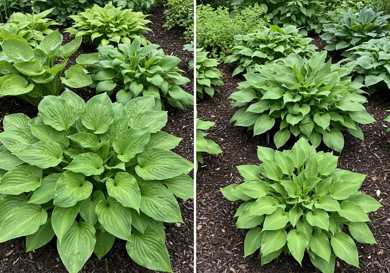 An illustrative garden bed photograph contrasting planting density. The left half shows several perennial plants (like Hostas or Daylilies) crammed together, leaves overlapping significantly, looking crowded and stressed. The right half shows the same type of plants spaced generously apart, with visible mulch or soil between them, looking healthy and allowing for airflow.