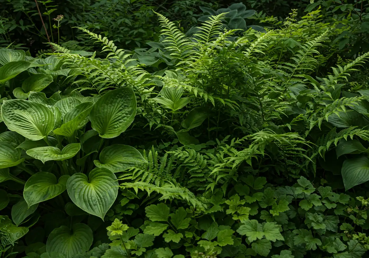 Visually contrast overcrowded plants with properly spaced ones. Could be a split image concept or two separate images close together. Left side shows tangled perennials (e.g., hostas, ferns) competing for light and space, looking stressed. Right side shows similar plants with ample space between them, healthy foliage, and visible mulch, emphasizing good air circulation.