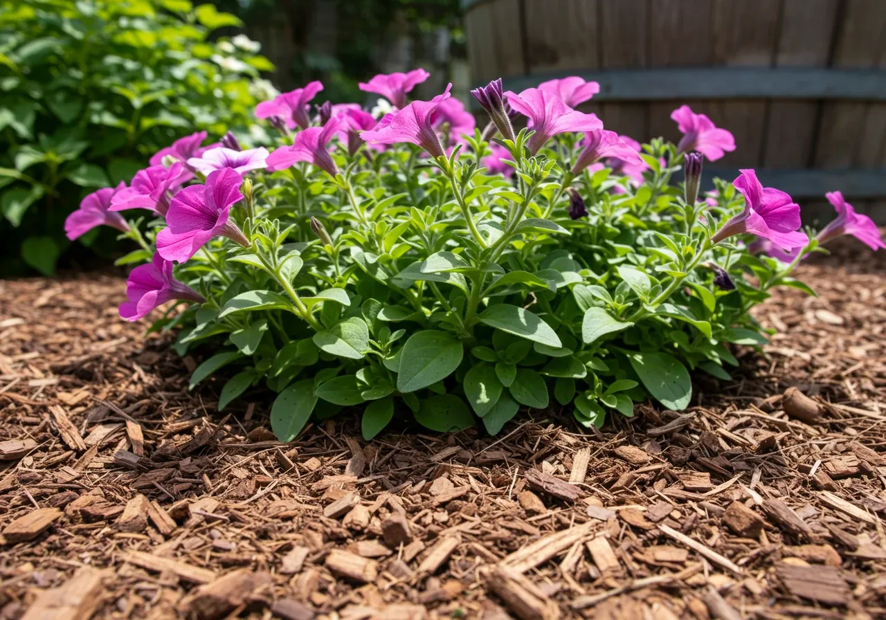 A garden scene showing the base of petunia plants in a flower bed with a thick layer of natural wood chip mulch applied around them. Could also subtly include the spout of a rustic rain barrel visible in the background corner.