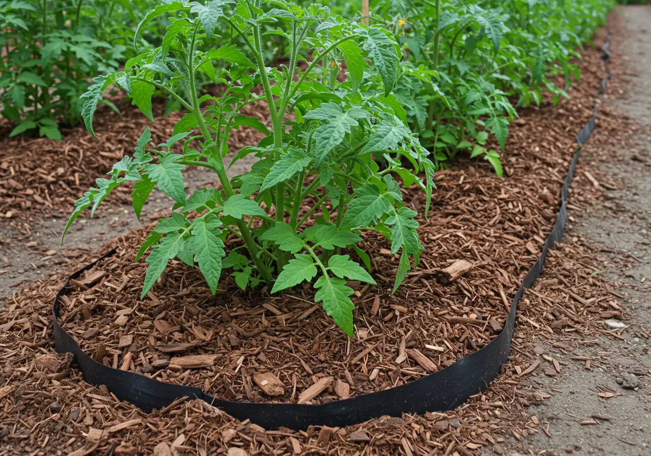 A photograph illustrating a physical or cultural IPM control method in action. For example, showing a neat layer of dark wood chip mulch spread evenly around the base of healthy vegetable plants (like tomatoes or peppers) in a garden bed, representing weed suppression and moisture retention.