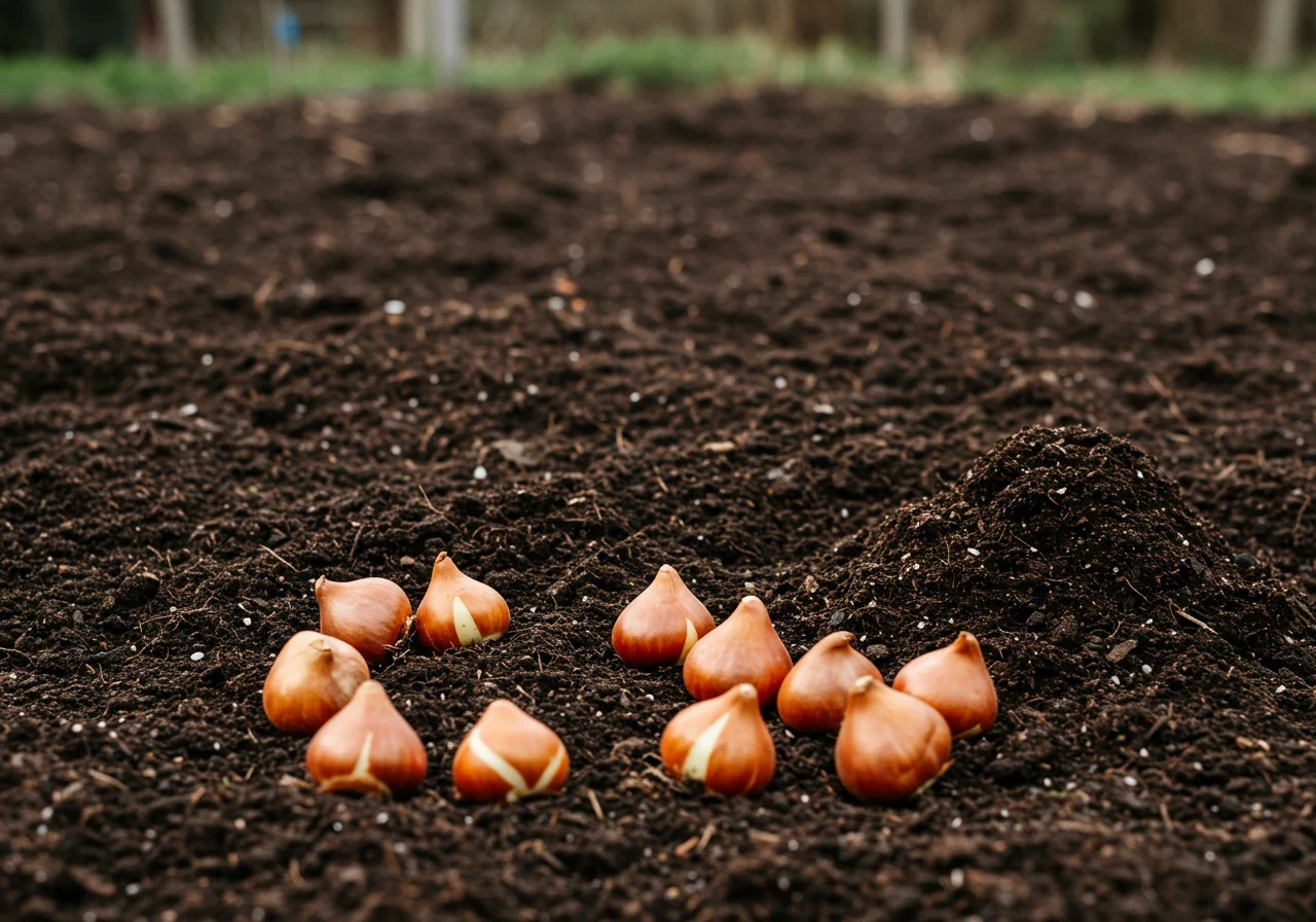 An image depicting a garden bed being prepared for fall or spring planting. It could show rich, dark compost being added to the soil, or perhaps spring bulbs laid out ready for planting, illustrating the planning and action steps derived from the garden log.