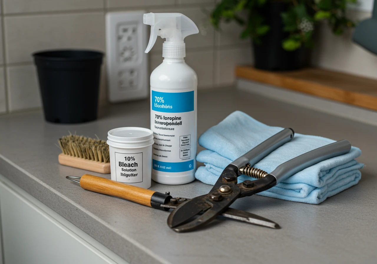 An image showcasing common items used for cleaning and disinfecting garden tools. Could feature a spray bottle clearly containing isopropyl alcohol, a small labeled container with diluted bleach solution, clean rags, a stiff-bristled scrub brush, and maybe a small bucket with soapy water, arranged near a clean pair of loppers or a trowel.