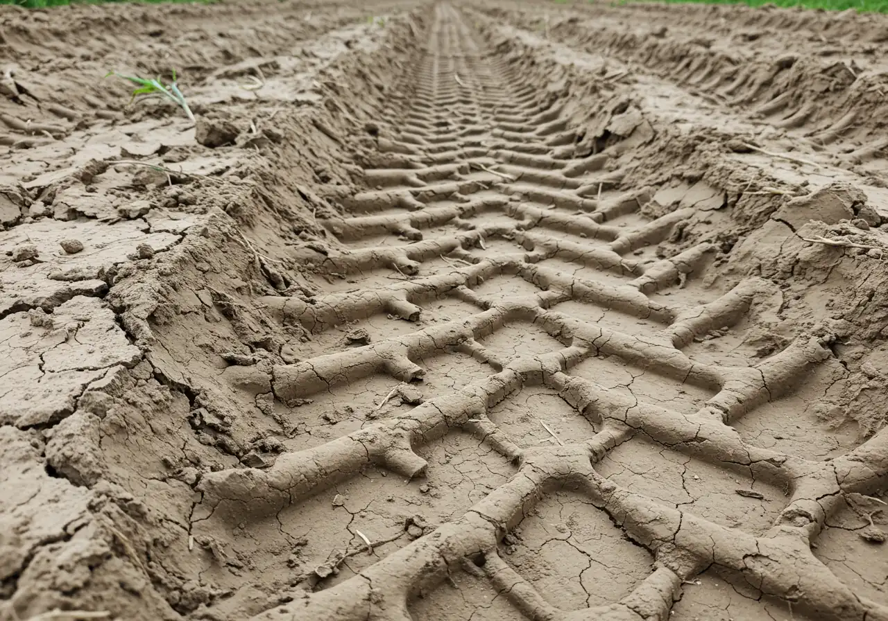 A ground-level close-up photograph vividly showing the effects of heavy machinery: severely compacted, pale, cracked clay soil with visible tire track impressions, emphasizing the lack of texture and life.