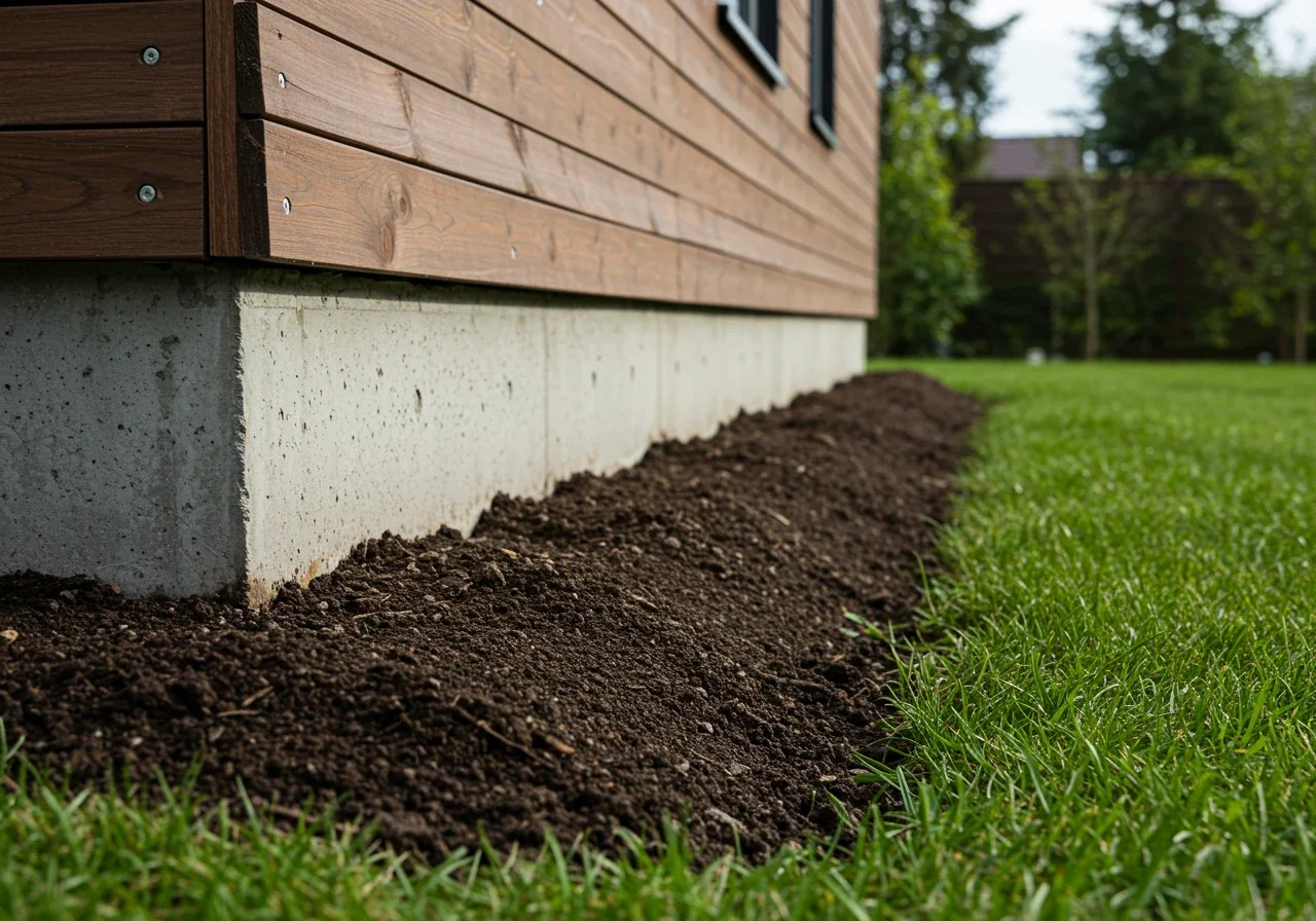 Clear ground-level view focusing on the base of a modern house foundation. Damp soil slopes visibly downward and away from the concrete foundation into a healthy green lawn area, effectively illustrating the concept of positive drainage where water is directed away from the structure.