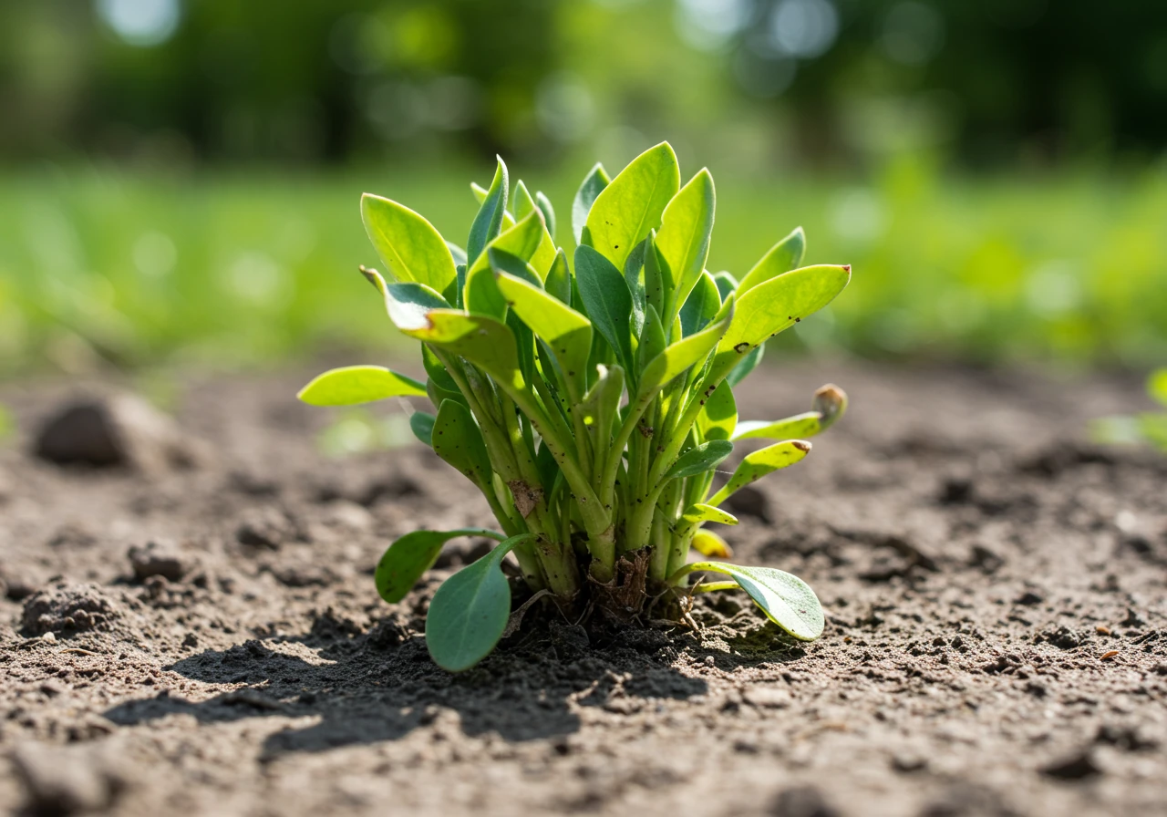 A ground-level close-up photograph focusing on the base of a small patch of lawn grass or a small perennial plant showing signs of stress in dry, compacted-looking soil. The soil surface might show some minor cracking. Some grass blades or plant leaves could be slightly yellowed or wilted, visually suggesting distress possibly linked to poor root conditions or lack of sufficient water penetration. The background should be softly blurred garden greenery or soil. The image aims to convey the 'why' behind root checks by showing subtle signs of struggle.