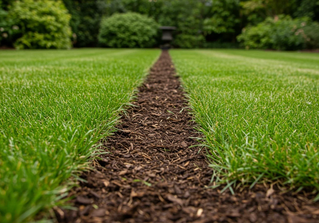 A close-up, ground-level shot emphasizing a meticulously maintained, razor-sharp edge between a healthy green lawn and a dark brown mulched garden bed containing small green plants. The clean vertical cut in the soil clearly defines the boundary, showcasing the precision required for formal garden upkeep.