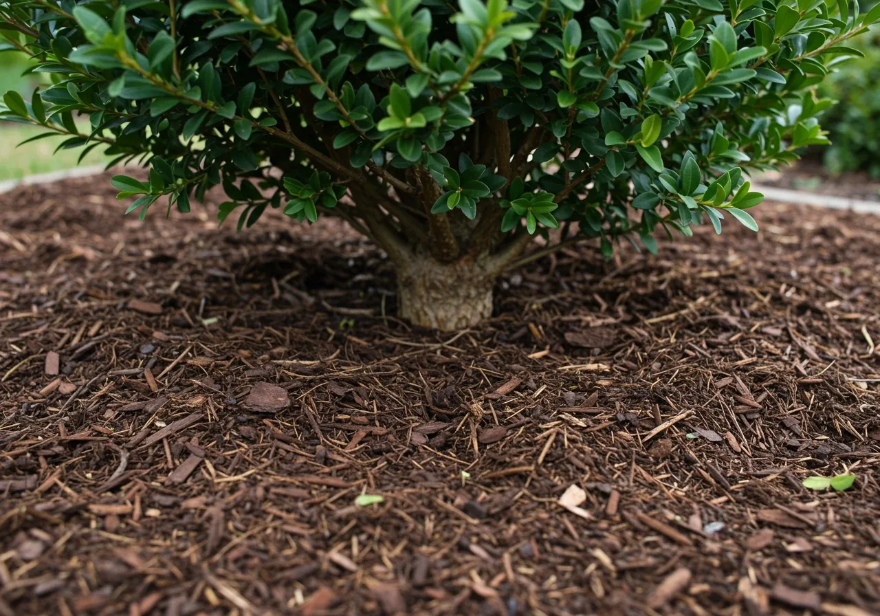 A ground-level view showing the base of a boxwood shrub properly mulched for winter. It should clearly depict a 2-3 inch layer of dark shredded bark mulch around the plant, with a distinct gap of 1-2 inches between the mulch and the plant's stems.