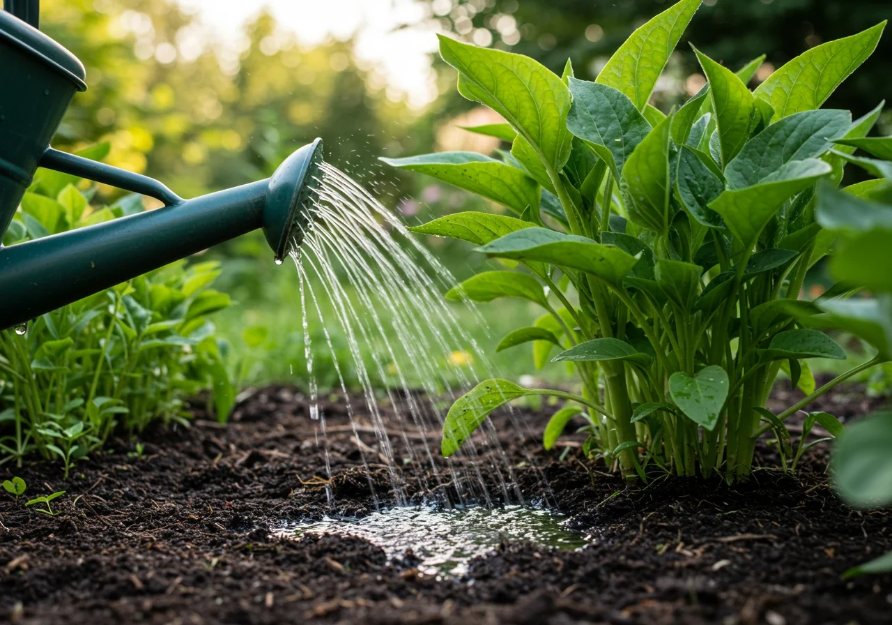 An image demonstrating the 'Aim Low' watering technique. It shows water gently flowing from a watering can spout or a drip irrigation emitter directly onto the soil at the base of a healthy garden plant, with moist, dark soil visible around the roots. Avoid showing water spraying on leaves.