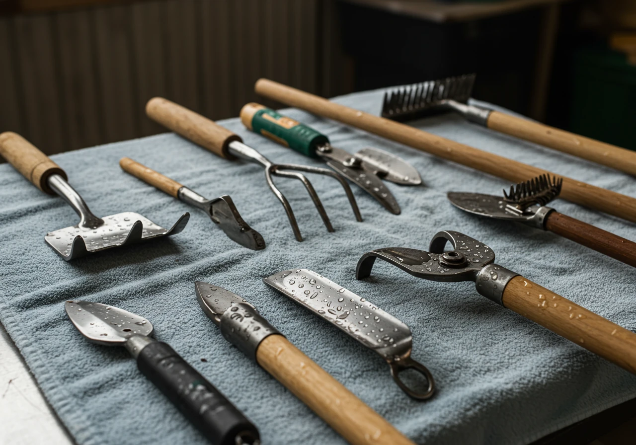 A collection of various garden hand tools (trowel, cultivator, hand fork, pruners) laid out neatly on a clean, absorbent cloth after being thoroughly washed and scrubbed. The tools should look sparkling clean, free of dirt and grime, emphasizing the 'thoroughly dry' stage.