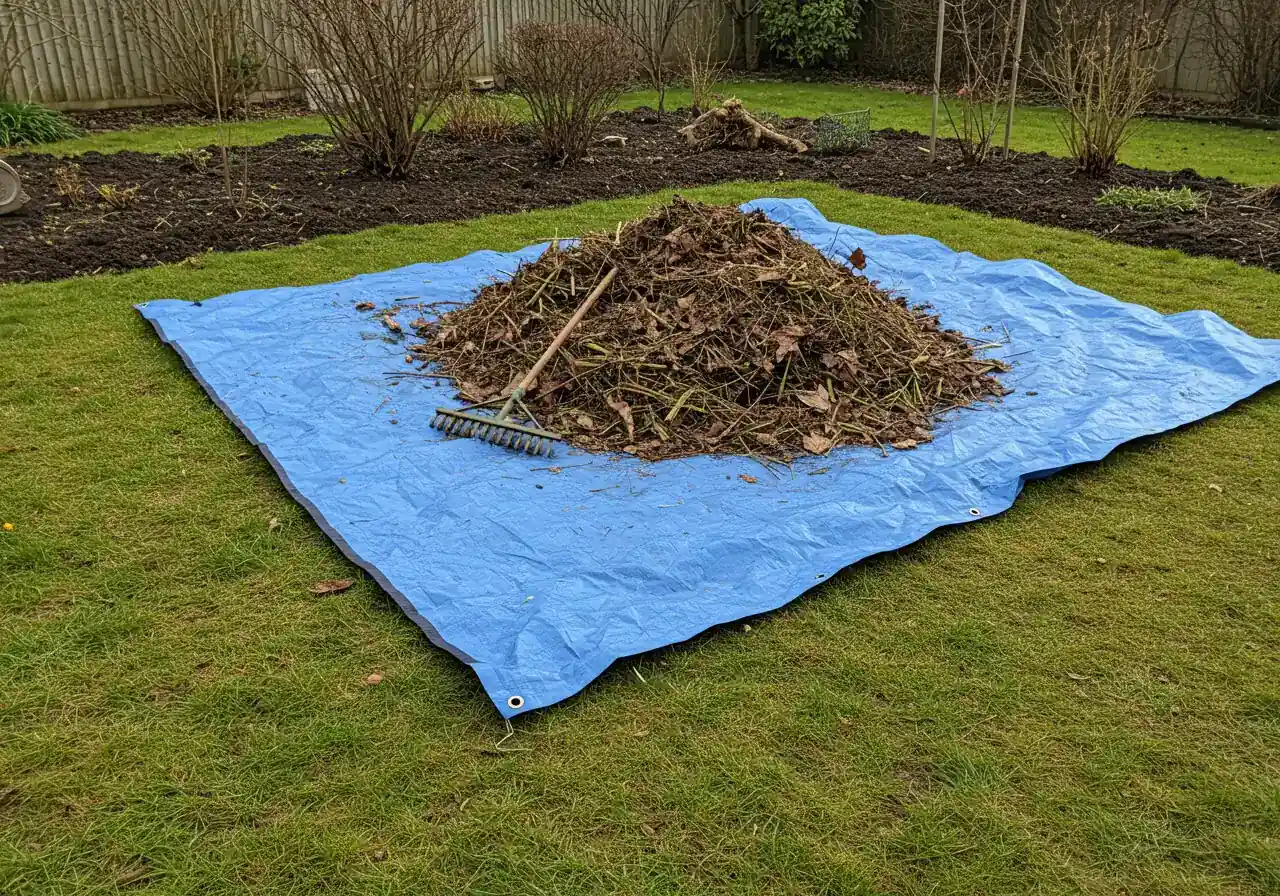 An overhead or high-angle view demonstrating the 'Tarp Trick' for efficient leaf collection. It should show a large tarp (e.g., blue or green) laid out on a lawn, partially filled with a neat pile of raked brown leaves and small twigs. Adjacent garden beds could show cut-back dormant perennials.