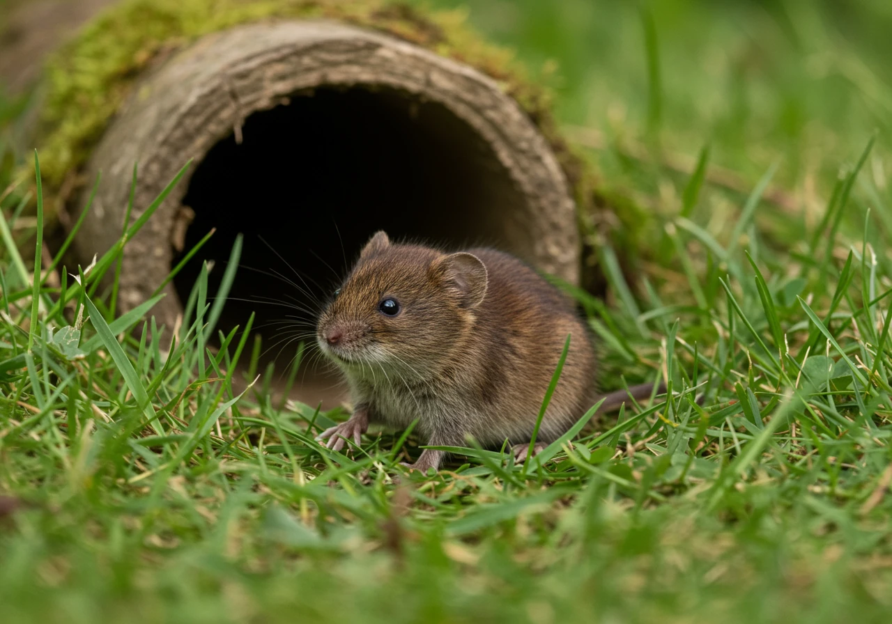 A clear, close-up photograph of a meadow vole in a natural setting, highlighting its key identification features (stocky body, short tail, blunt nose, small ears) to help homeowners distinguish it from mice or moles.