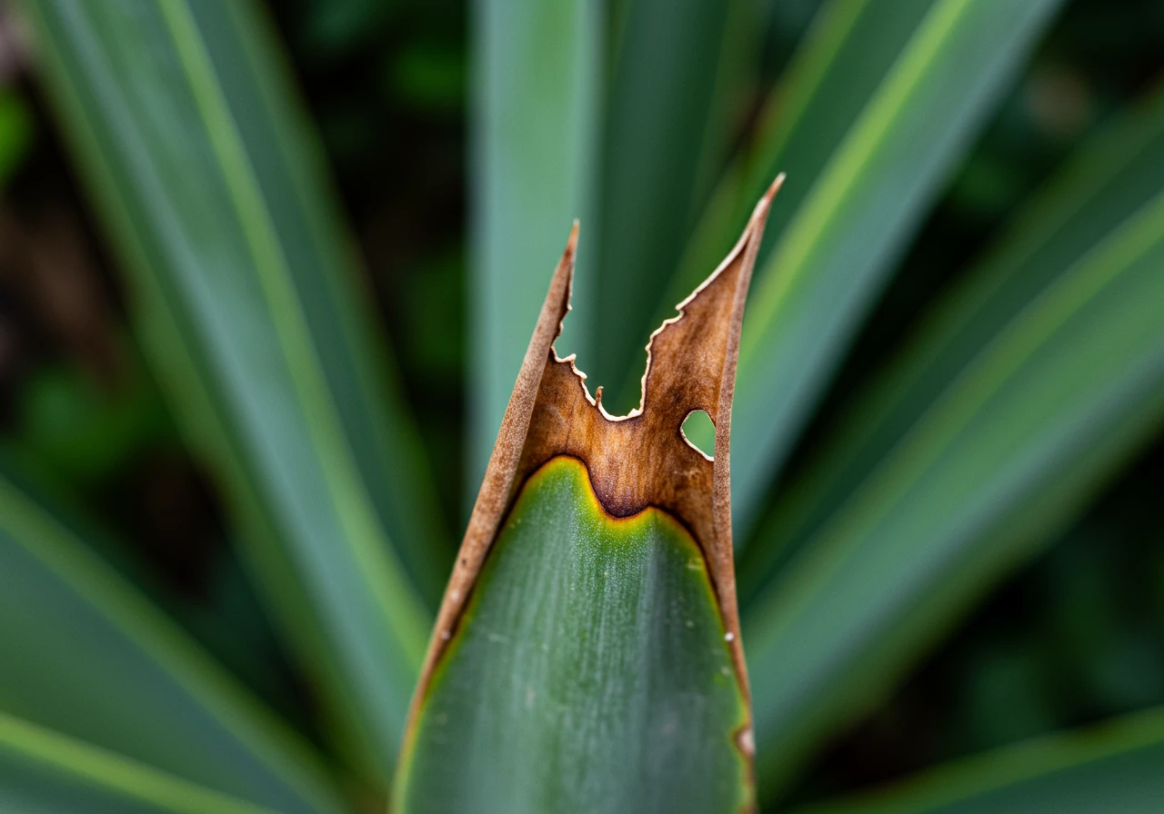 A close-up, high-resolution image focusing sharply on the outer edges and tip of a plant leaf. The edge is visibly dry, brown, and looks brittle or 'crispy', starkly contrasting with the green, healthier-looking interior of the leaf. This illustrates the common symptom of underwatering, low humidity, or potential fertilizer burn.