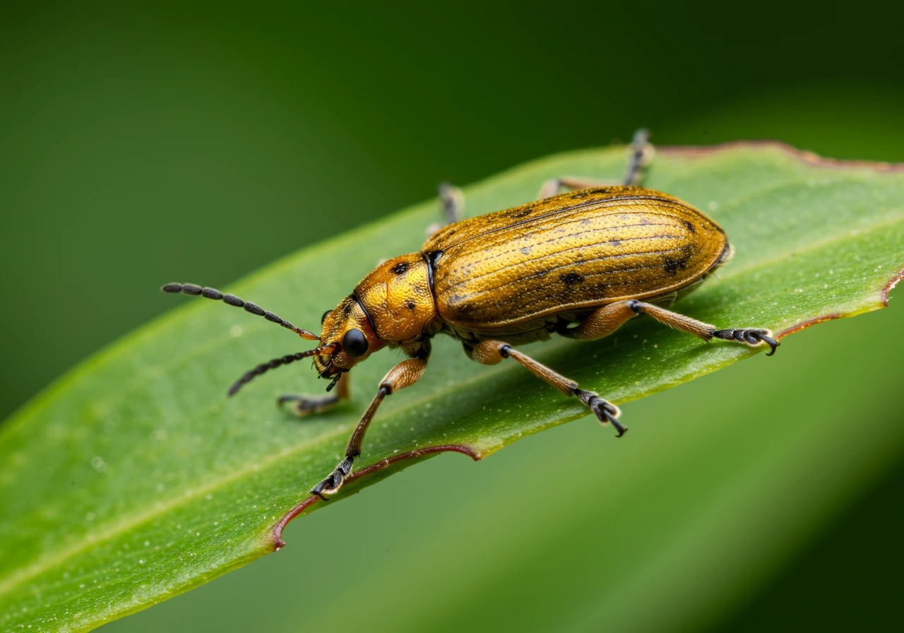 A clear, close-up image of a single adult Viburnum Leaf Beetle resting on the top surface of a green viburnum leaf. The beetle is small (depicted accurately around 4-6 mm relative to leaf texture), golden-brown, and its body shape and antennae are clearly visible. The leaf may show some irregular chewing holes characteristic of adult feeding.