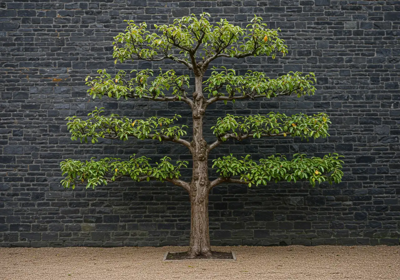 A clear, detailed photograph illustrating two distinct espalier styles side-by-side or a single prominent example, such as a formal Palmette Verrier pattern. This image would help readers visualize the different design possibilities discussed.