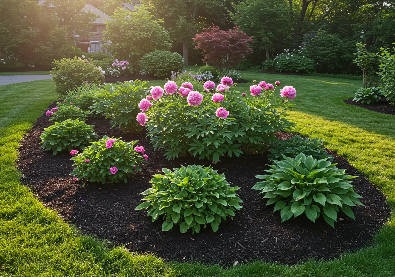 A beautiful, inviting shot of a well-maintained residential garden bed in Nepean during late spring or early summer. Features vibrant, healthy flowering plants (e.g., perennials, annuals), rich dark mulch, and clean edges. The overall impression is one of effortless beauty and comfortable enjoyment achieved through good gardening practices. Soft, appealing sunlight enhances the scene.
