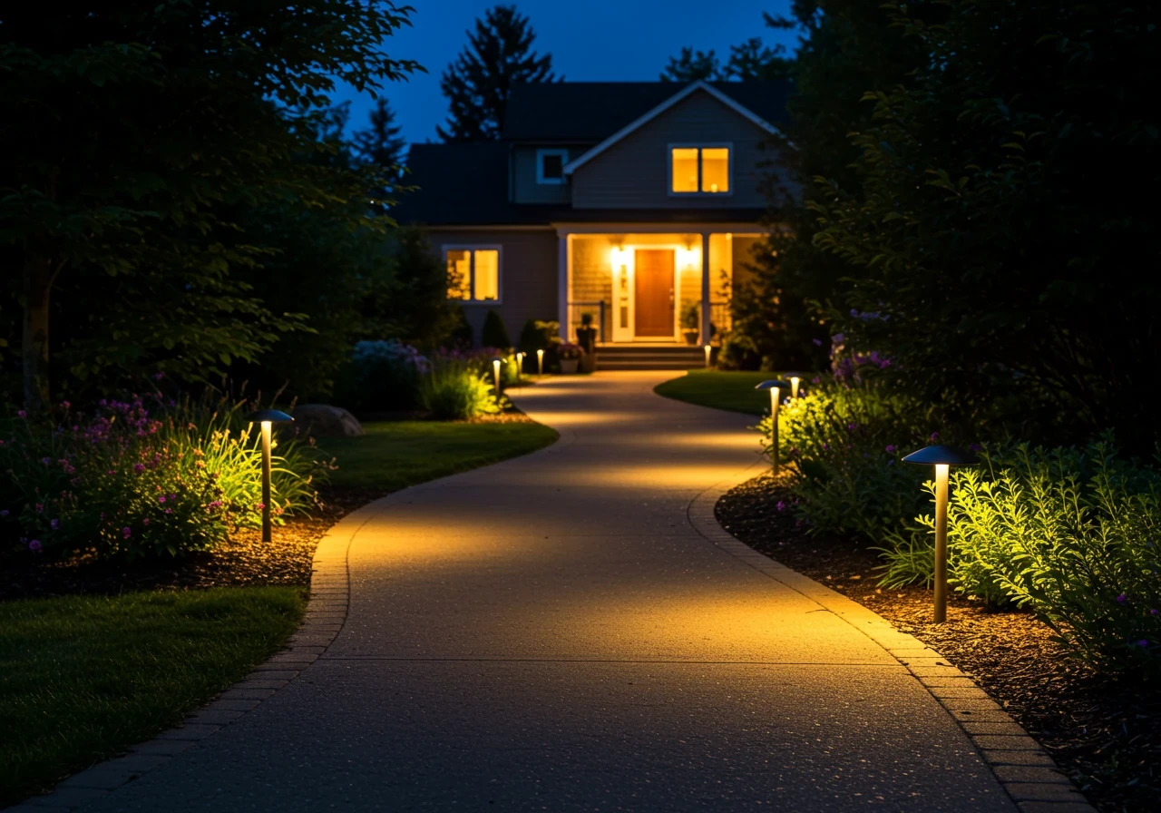 An inviting wide-angle nighttime photograph looking down a beautifully illuminated, gently curving walkway leading towards a warmly lit home entrance (house details subtly blurred). The pathway features expertly placed, low-profile path lights that create soft, overlapping pools of warm light, highlighting the walkway's texture and the adjacent landscaping (e.g., ornamental grasses, small shrubs). The overall effect is elegant, safe, welcoming, and demonstrates high curb appeal achieved through thoughtful path lighting design.