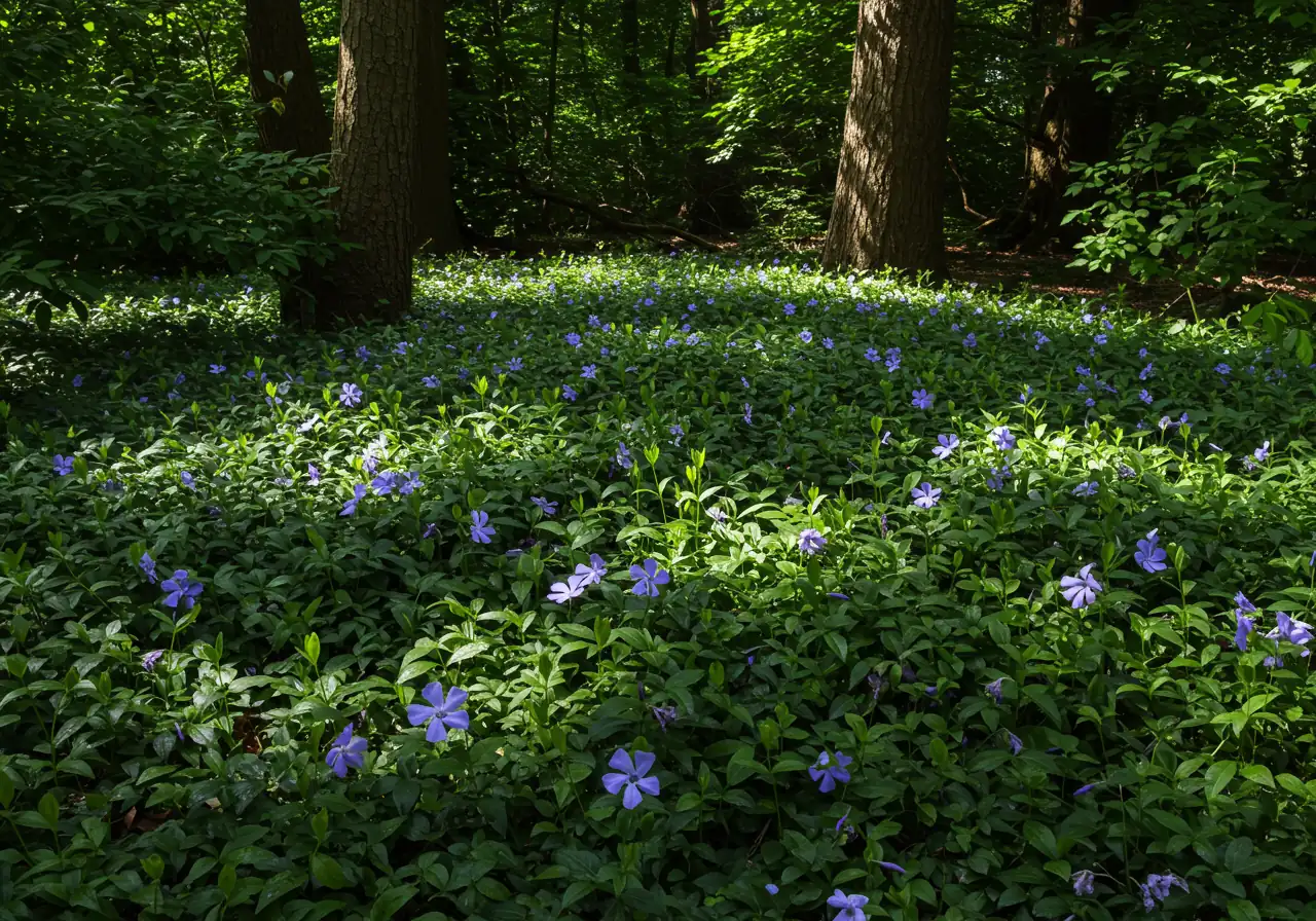 Showcase Vinca Minor (Periwinkle) thriving in a challenging shady spot, as described in its profile. The image should depict a healthy carpet of Vinca Minor growing densely under the canopy of mature trees, illustrating its shade tolerance.