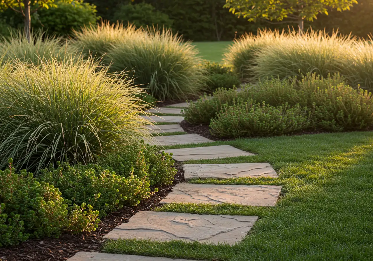 An image illustrating the concept of 'Hardscaping Heroes'. It should show a well-integrated natural flagstone or paver pathway winding gently through a garden area planted with low-maintenance ornamental grasses or shrubs, effectively reducing lawn space and defining the garden layout, as discussed in the hardscaping section.