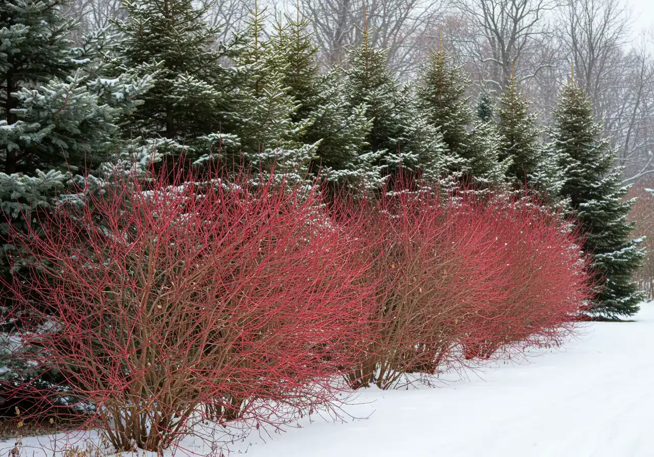 A photograph showing a well-designed natural windbreak border consisting of a staggered, mixed planting of evergreen trees (like spruce or pine) and deciduous shrubs (identifiable by branching structure, perhaps with some persistent winter berries or colourful stems like Dogwood). The scene should be in winter, possibly with a light dusting of snow, demonstrating year-round structure.