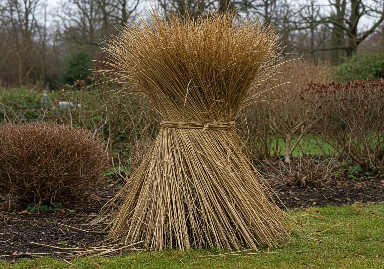 An image illustrating the 'Optional Bundle Technique'. It shows a large clump of dormant, tall ornamental grass tightly cinched around its middle section with natural garden twine, creating a neat 'ponytail' effect. This visually explains the technique recommended for managing large grasses before cutting, focusing solely on the bundled grass.
