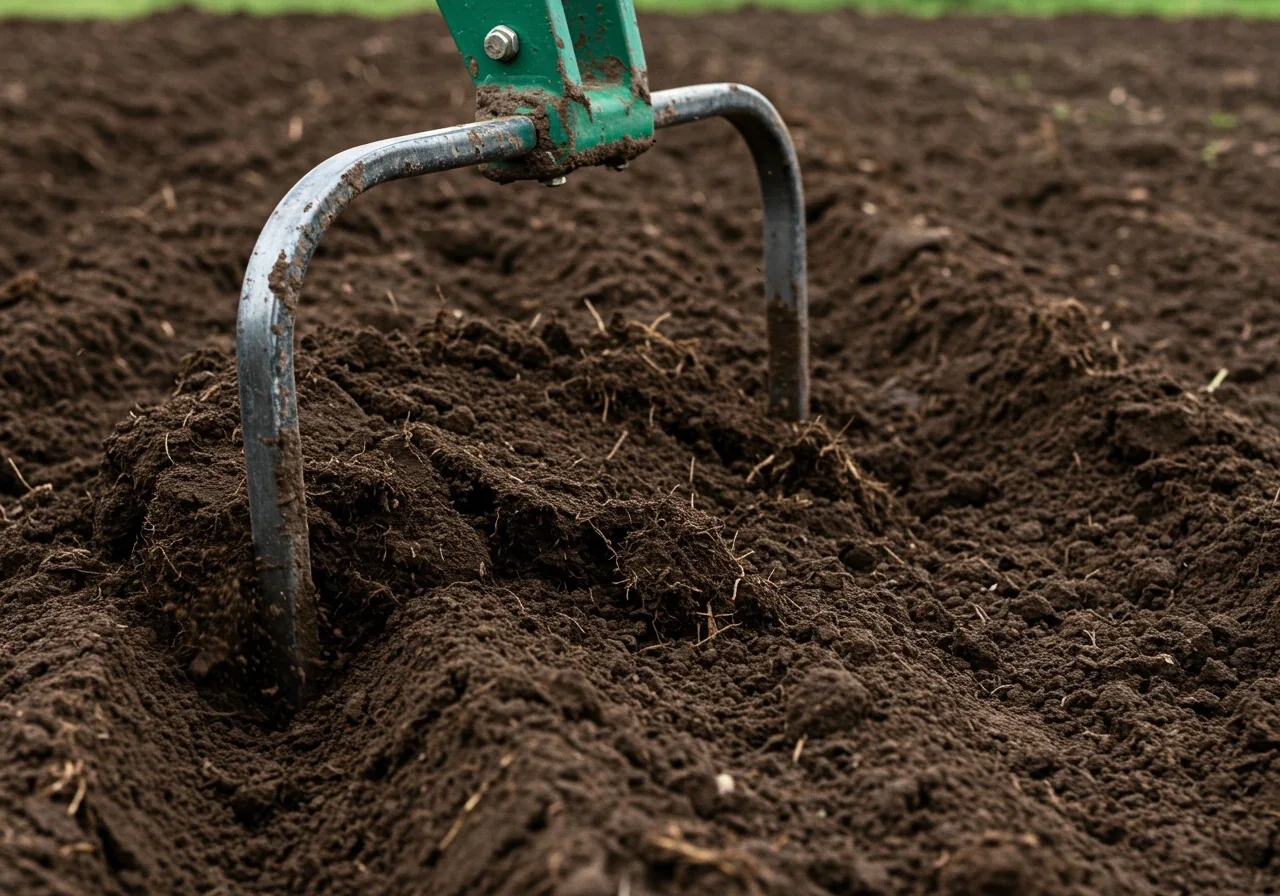 A close-up action shot focusing solely on the broadfork's tines partially submerged in moist, dark clay soil, capturing the moment the soil is being lifted and fractured from below. The image should emphasize the aeration effect without showing any person, focusing on the soil breaking apart around the tines.