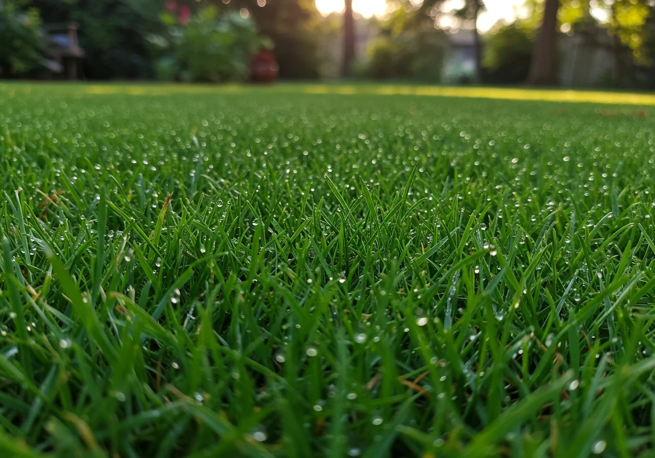 A beautiful, low-angle shot of a thriving, lush green lawn in early morning light. Dew drops are visible on the perfectly cut blades of grass, indicating health and proper care. The grass is dense, uniformly green, and free of weeds or patches, representing the ideal outcome of understanding and acting on soil test results. The background shows soft-focus trees or garden beds.