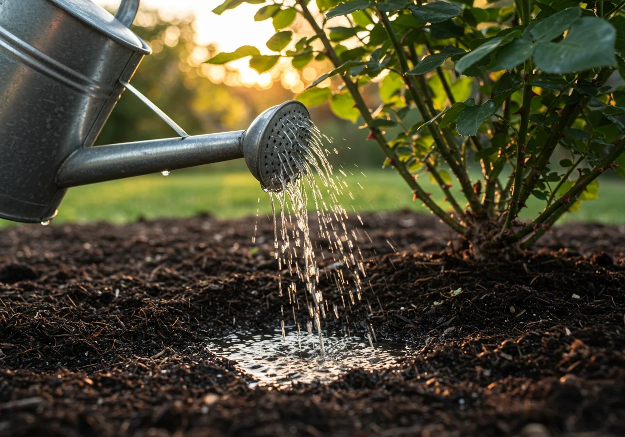 An image illustrating the 'Water Wisely' concept. It could show a soaker hose or the spout of a watering can delivering water directly to the mulched soil at the base of a rose bush, carefully avoiding wetting the leaves. This visually reinforces the recommended watering technique.