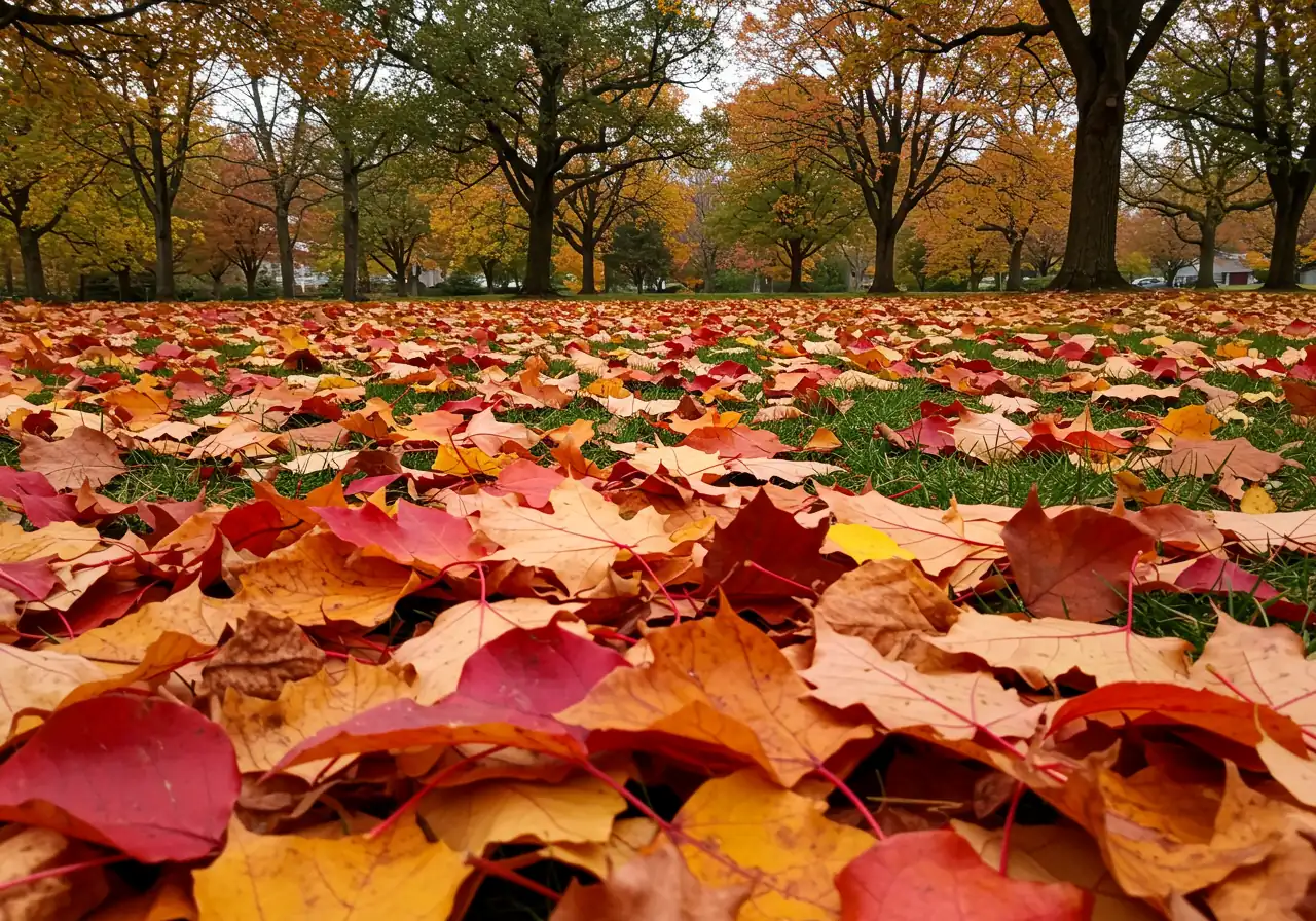 A wide, low-angle shot focusing on a thick, vibrant carpet of fallen autumn leaves (reds, oranges, yellows) completely covering a residential lawn, extending towards mature trees in the background under soft, overcast fall light. Illustrates the sheer volume of leaves homeowners face.