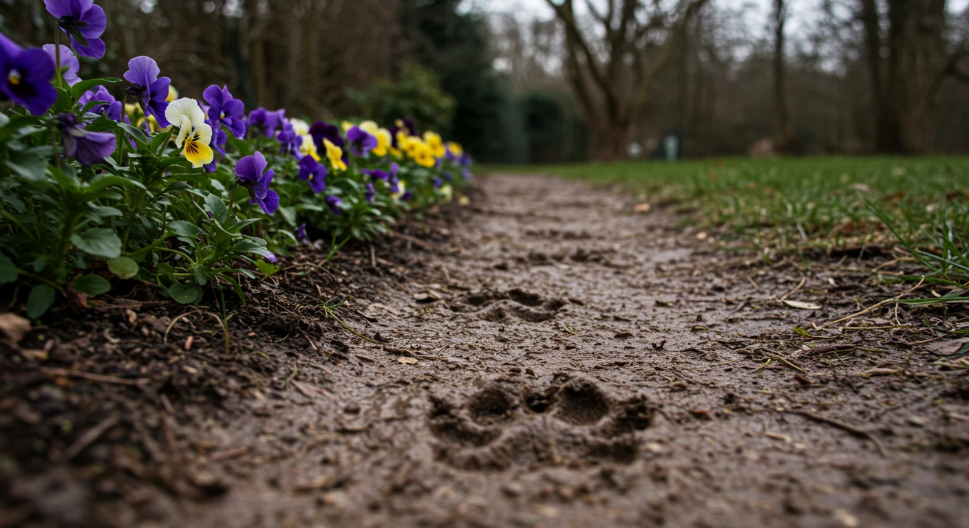 A slightly blurry, low-angle view focusing on muddy animal paw prints (like a dog's) on a garden path right next to some delicate, trampled, or unhappy-looking flowering plants (e.g., pansies) at the edge of a garden bed in early spring. This visually represents the common regret of planting delicate flowers in high-traffic zones.