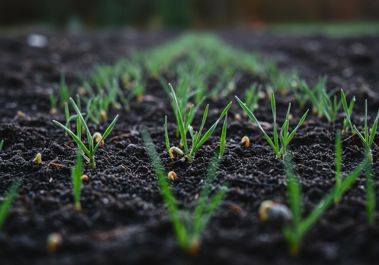 A garden bed in late autumn planted with a low-growing, green cover crop (like fall rye or oats) just emerging from the soil. The young plants should be vibrant against the darker soil, perhaps with a light touch of morning frost on the leaves or soil surface to emphasize the late season.