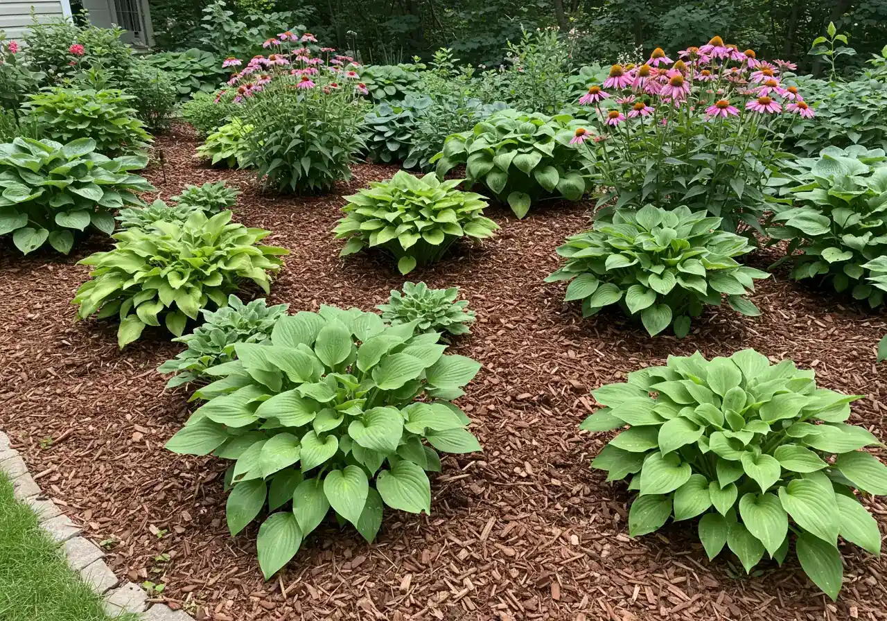 An inspiring image of a successfully restored garden bed after goutweed removal. It should feature a densely planted area with healthy, robust perennials (like hostas or coneflowers) thriving, with a thick layer of dark wood chip mulch covering the soil beneath.