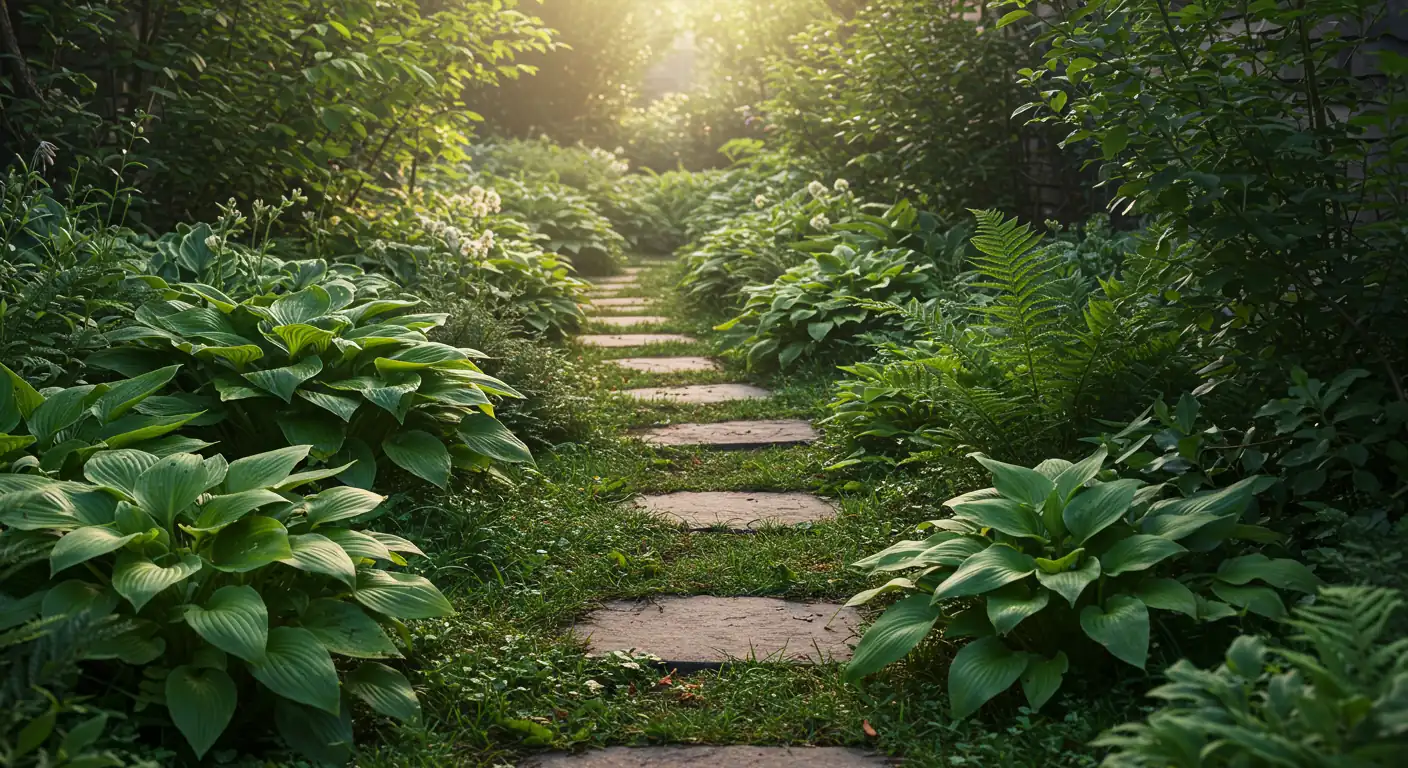 A visually appealing photograph capturing a slightly overgrown but beautiful garden path. Lush green foliage (like hostas and ferns) gracefully encroaches on stone pavers, suggesting enthusiastic growth that needs managing, but still looks inviting rather than chaotic. Soft, natural morning light.
