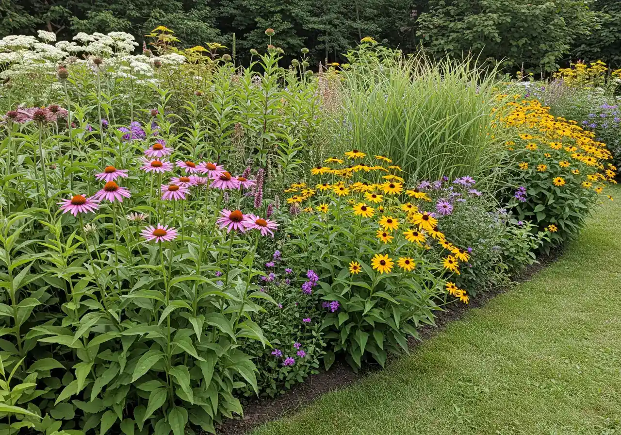 An image showing the positive outcome of proper spacing several years later. It depicts a beautiful, established garden border where mature perennials (e.g., coneflowers, rudbeckia, ornamental grasses) and perhaps a medium-sized shrub have reached their full size. Crucially, each plant maintains its distinct shape with visible space separating it from its neighbours, looking healthy, vibrant, and uncrowded.