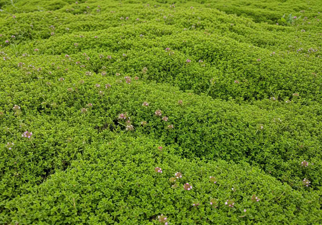 Illustrate the 'Soil Saver Brigade' superpower. This image should show a gentle slope successfully stabilized by a dense mat of healthy groundcover (like Creeping Thyme or Sedum), preventing erosion, possibly contrasting with a small bare patch nearby showing loose soil.