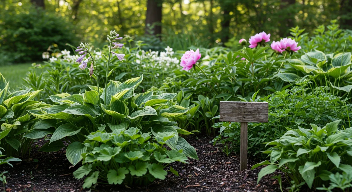 A visually appealing shot of a beautiful but slightly chaotic home garden bed in the Ottawa area during late spring or early summer. Focus should be on a mix of flowering perennials (like hostas or peonies common to the region) and perhaps some vegetable foliage. Subtly placed within the scene, perhaps slightly obscured by leaves, is a weathered, blank or faded plant tag stuck in the soil, hinting at the 'forgotten plant' scenario mentioned in the text.