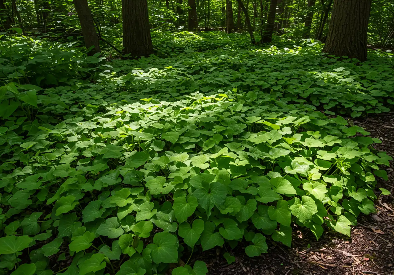 A visually appealing image showcasing a healthy, dense patch of a native, non-invasive groundcover alternative, such as Canadian Wild Ginger (Asarum canadense). The focus should be on the attractive heart-shaped leaves forming a lush carpet in a shaded or semi-shaded garden setting, illustrating a beautiful and well-behaved planting option.